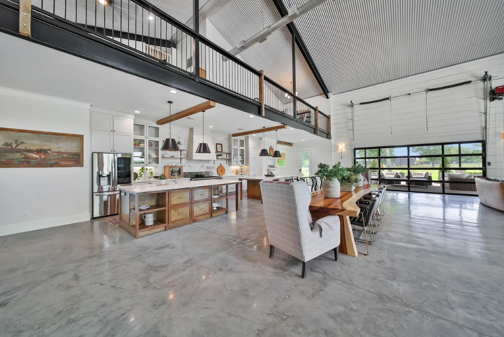 Dual-island kitchen and dining area