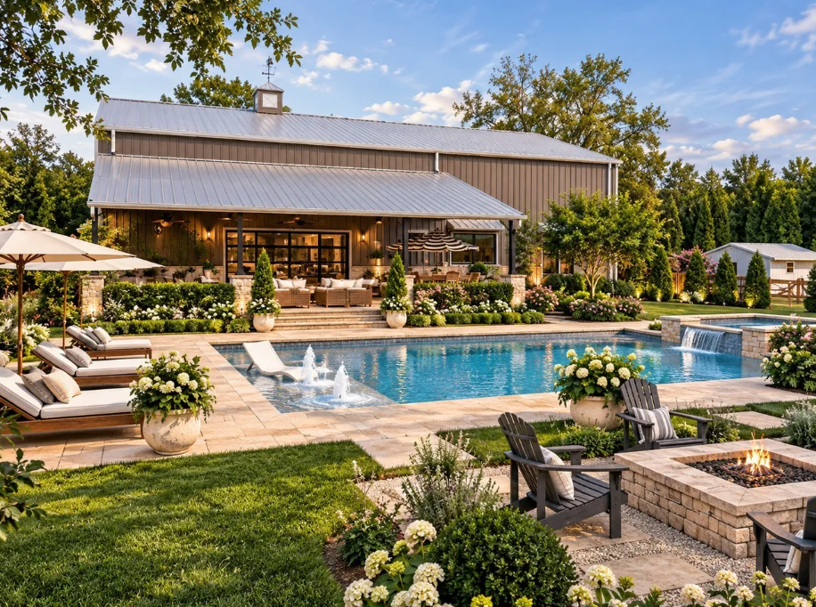 Pool, waterfall and outdoor gathering area